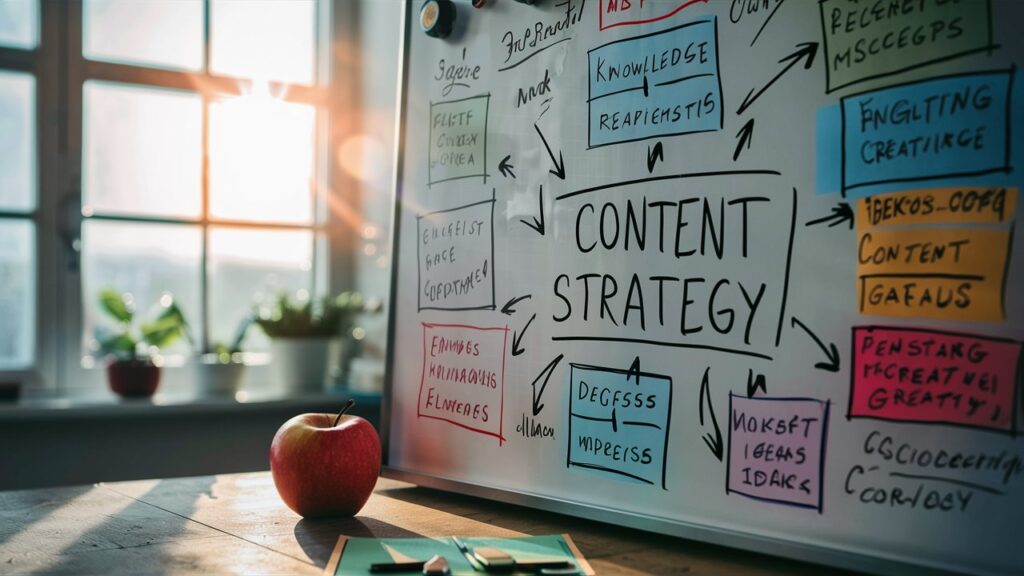 Whiteboard mit handgeschriebener Content-Strategie, flankiert von einem roten Apfel und Notizzetteln in einem sonnendurchfluteten Büro