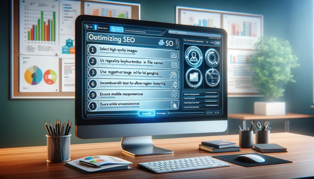 SEO im E-Commerce. Prozess der SEO-Optimierung für Produktbilder, dargestellt durch eine detaillierte Liste auf einem Computerbildschirm in einem professionellen digitalen Marketing-Arbeitsbereich.