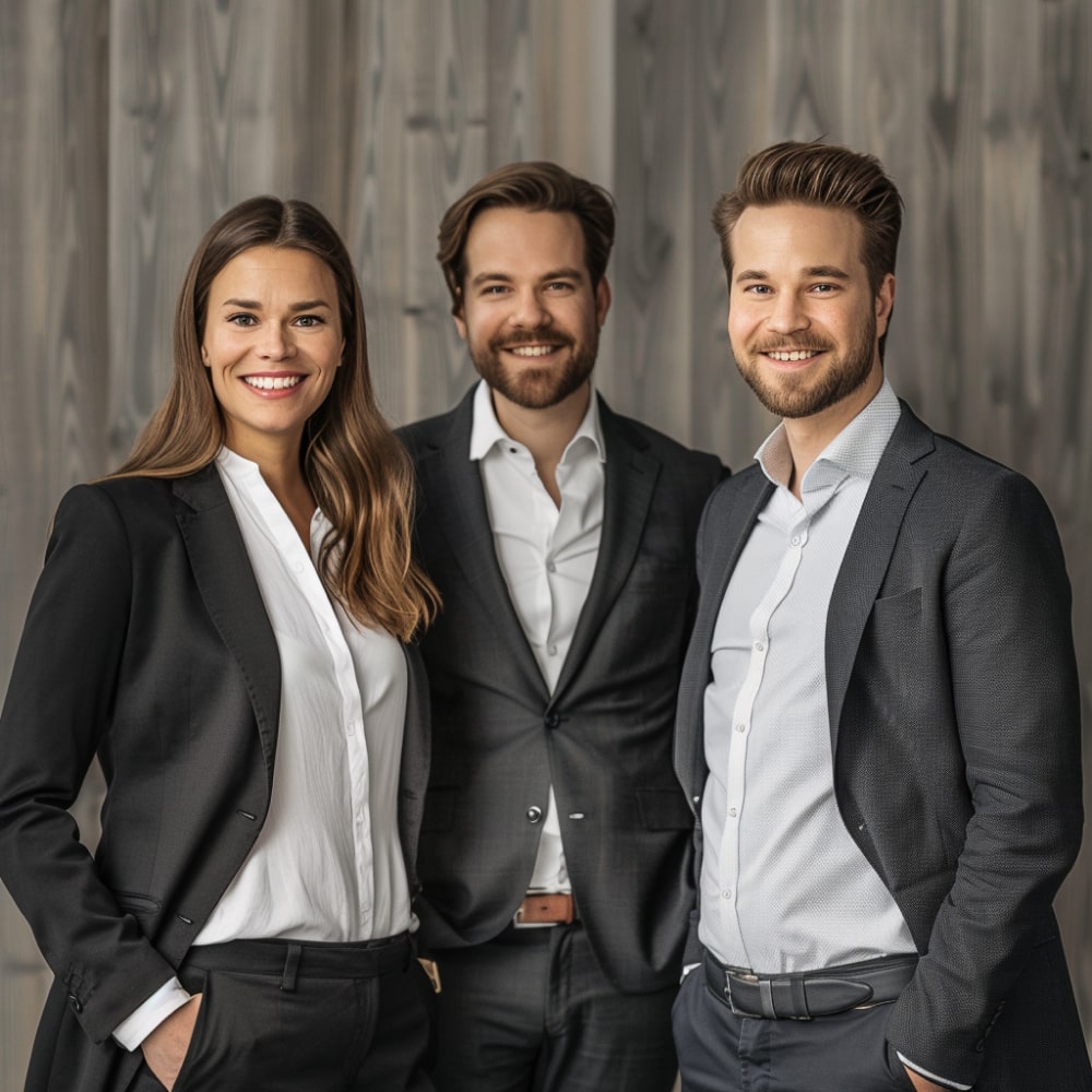 Porträt eines professionellen SEO-Teams mit lächelnden Männern und einer Frau in Business-Kleidung