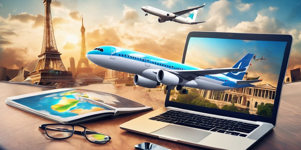 SEO digital marketing concept with travel and tourism elements, world map, famous landmarks, airplane, and computer or mobile devices
