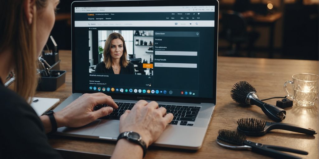 Hairdresser researching keywords on laptop with hair tools nearby.