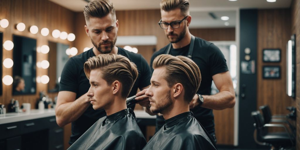 Hairdresser styling client's hair in modern salon.