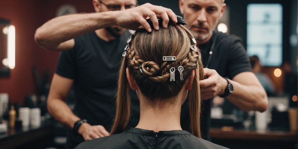 Hairdresser styling hair with SEO icons in background