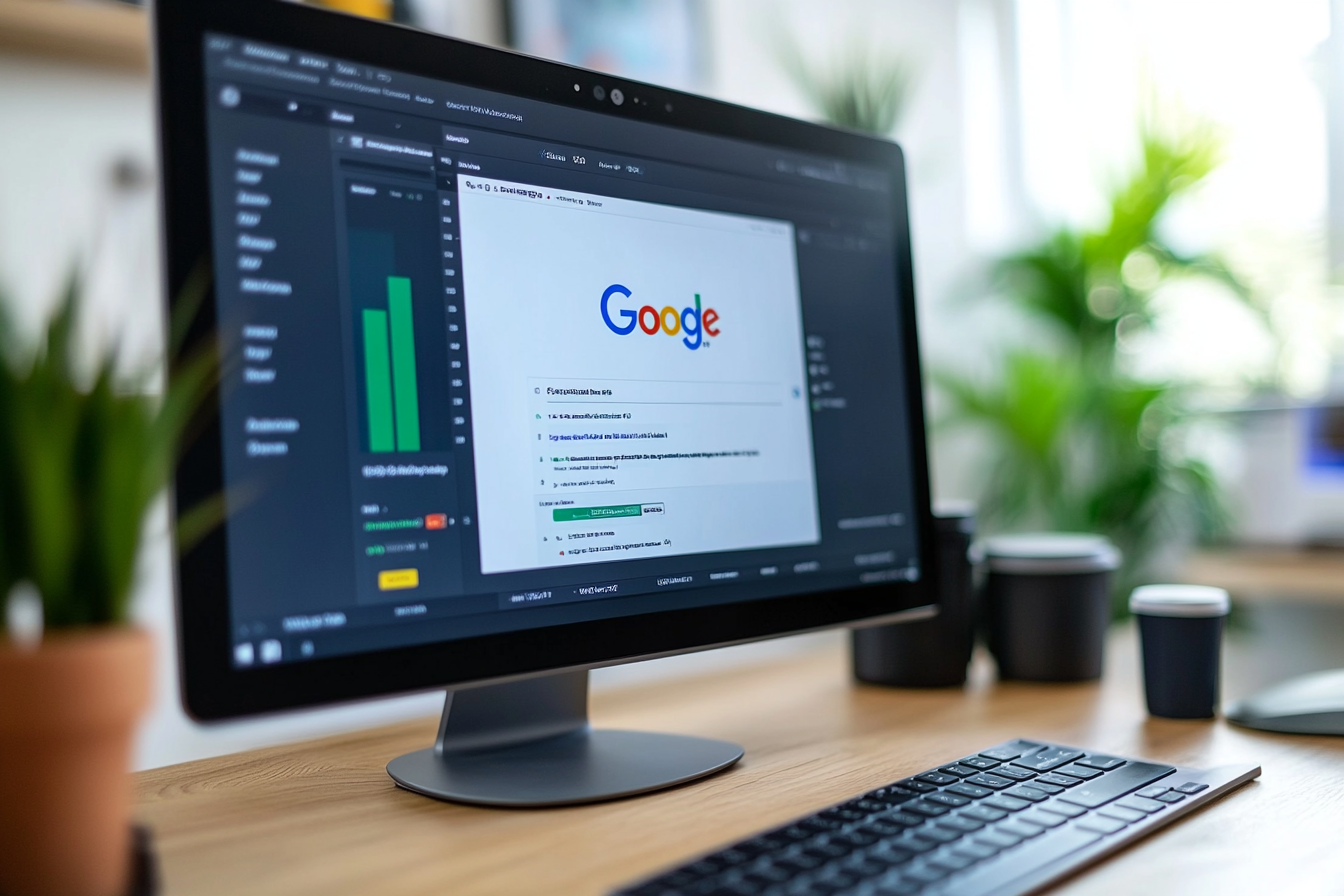 Ein informatives Bild zeigt einen Computerbildschirm mit Google Ads und SEO Grafiken. Auf der linken Seite werden die Unterschiede zwischen bezahlten Anzeigen und organischen Suchergebnissen veranschaulicht, während rechts ein Schritt-für-Schritt Prozess zur Erstellung einer Google Ads Kampagne angezeigt wird. Icons für die verschiedenen Anzeigenformate ergänzen die Darstellung.