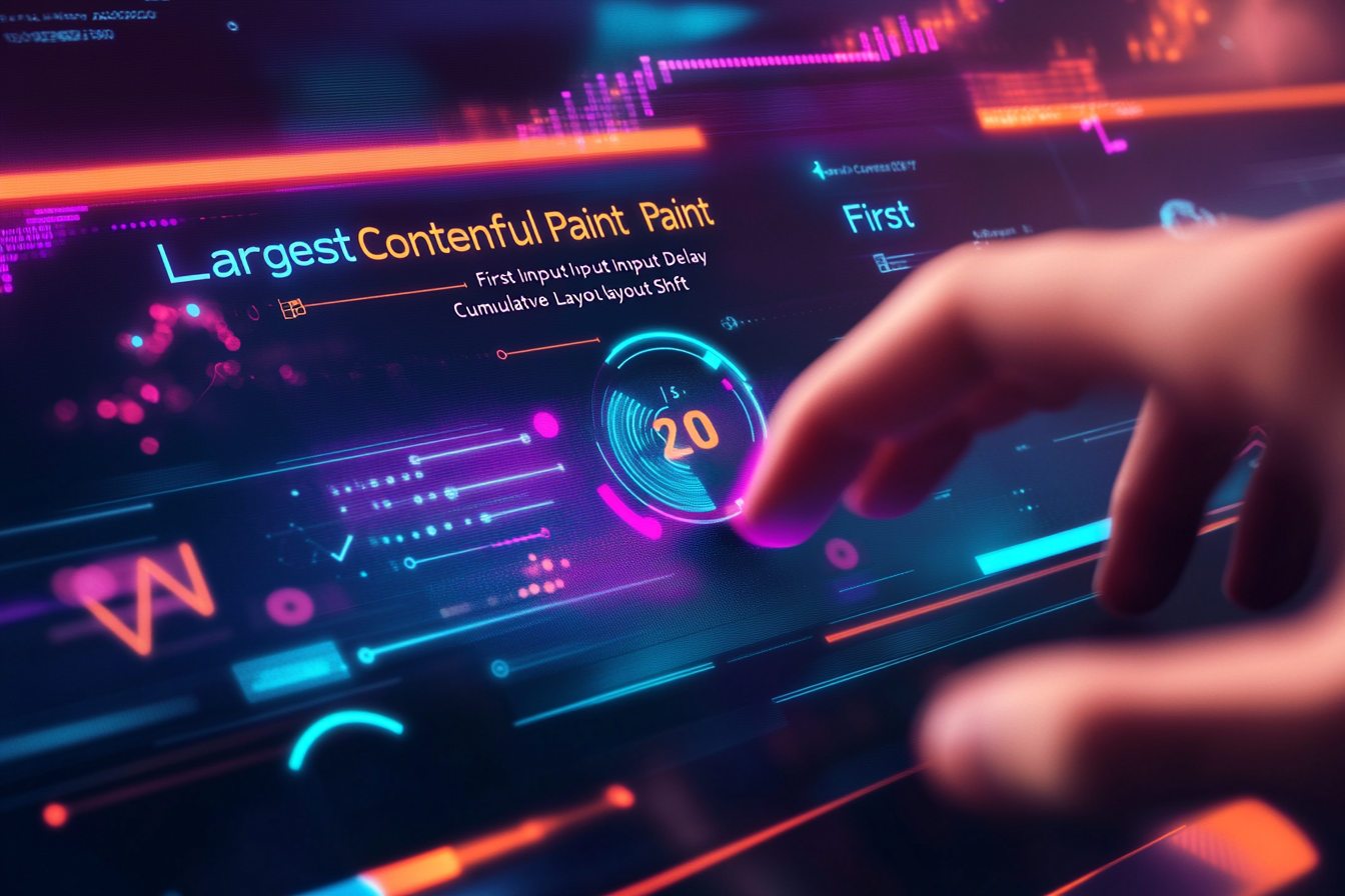 Ein informatives Grafikdesign zeigt die Grundlagen der Core Web Vitals. Es visualisiert die drei Hauptmetriken: „Largest Contentful Paint“ mit einer Uhr, „First Input Delay“ symbolisiert durch eine schaltende Hand und „Cumulative Layout Shift“ dargestellt mit einem stabilen Layout. Die Grafik hebt die Bedeutung für SEO und Benutzererfahrung hervor.