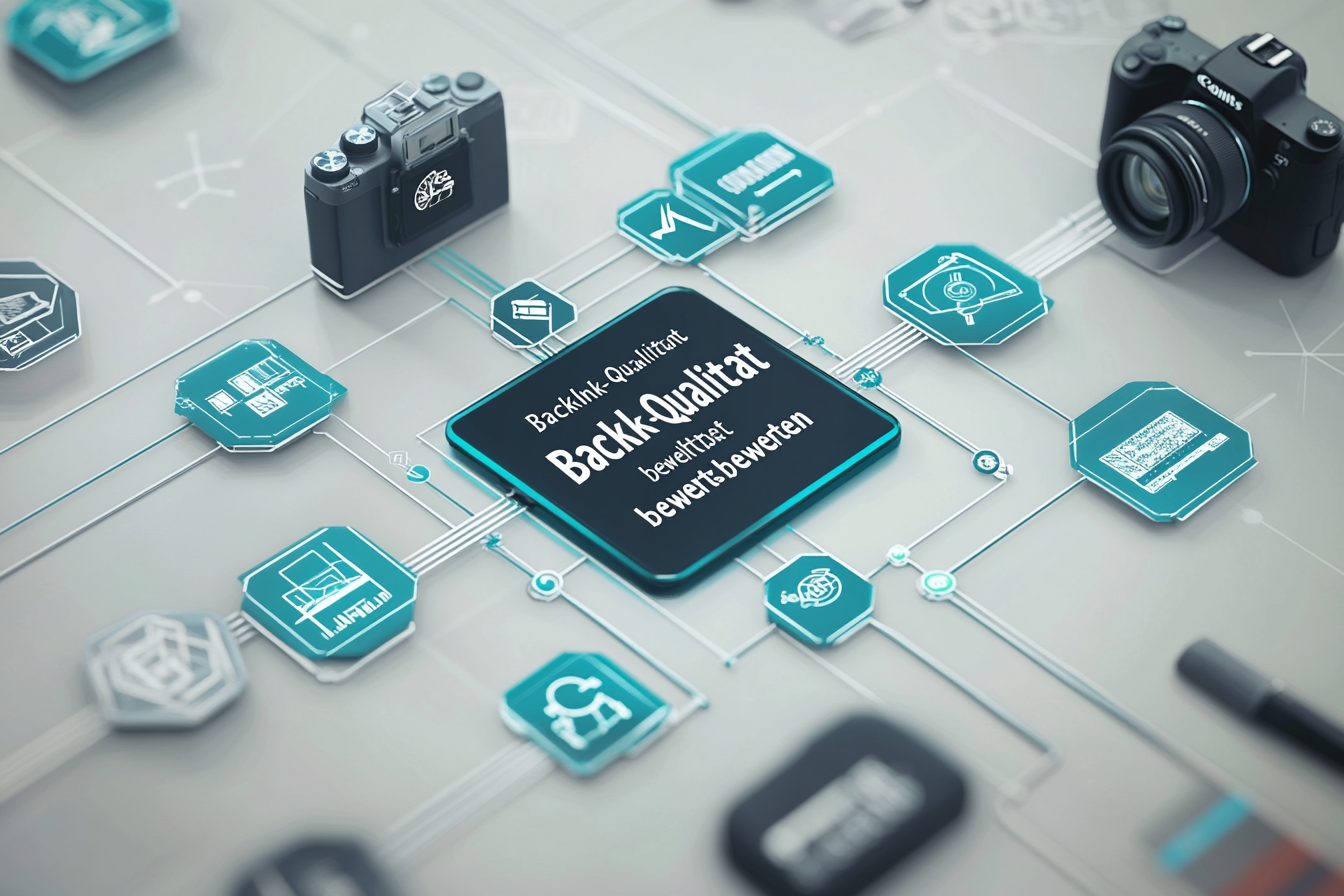 Ein Diagramm zeigt den Prozess der Analyse und Qualitätssicherung von Backlinks. In der Mitte befindet sich das Konzept „Backlink-Qualität bewerten“, umgeben von Kriterien wie thematischer Relevanz und Autorität. Icons symbolisieren hochwertige und minderwertige Links, während Werkzeuge wie SEMrush und Ahrefs hervorgehoben werden. Der Hintergrund ist mit Graphen und SEO-Symbolen gestaltet, um den Fokus auf Suchmaschinenoptimierung zu verdeutlichen.