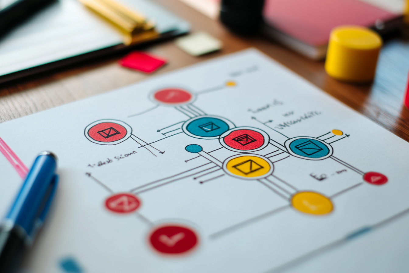 Ein Grafiker erstellt ein informatives Poster über Linkaufbau-Strategien. Es zeigt Diagramme, die die optimale Platzierung von Links im Hauptinhalt und deren Ankertexte hervorheben. Icons für Web- und Firmenverzeichnisse sowie lokale SEO-Ziele sind abgebildet. Farbige Pfeile verdeutlichen die Verbindung zur Sichtbarkeit und zum SEO-Ranking.