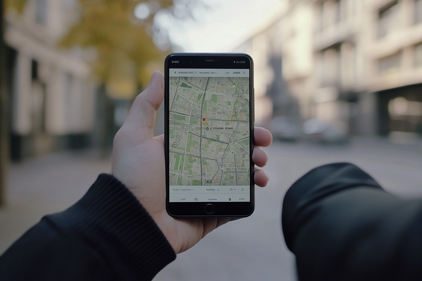 Ein Smartphone zeigt eine mobil optimierte Webseite, die auf einem Stadtplan lokale Dienstleistungen hervorhebt. Die Seite hat ein responsives Design mit klaren Call-to-Action-Buttons, optimaler Navigation und schnell ladenden Inhalten. Nutzer verbringen mehr Zeit auf der Seite, während wichtige Informationen wie Öffnungszeiten und Kontakt leicht zugänglich sind.