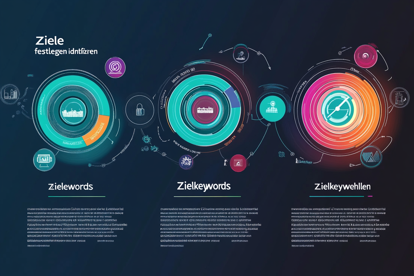 Ein visuelles Infografik-Layout zeigt den Prozess der Vorbereitung auf ein SEO-Audit. In drei klaren Abschnitten sind die Schritte „Ziele festlegen“, „Zielgruppe identifizieren“ und „Zielkeywords auswählen“ dargestellt. Icons symbolisieren Traffic, Zielgruppenanalyse und Keyword-Recherche, um die Wichtigkeit jedes Schrittes zu verdeutlichen. Farbige Pfeile verbinden die Abschnitte und verdeutlichen den strukturierten Ablauf.