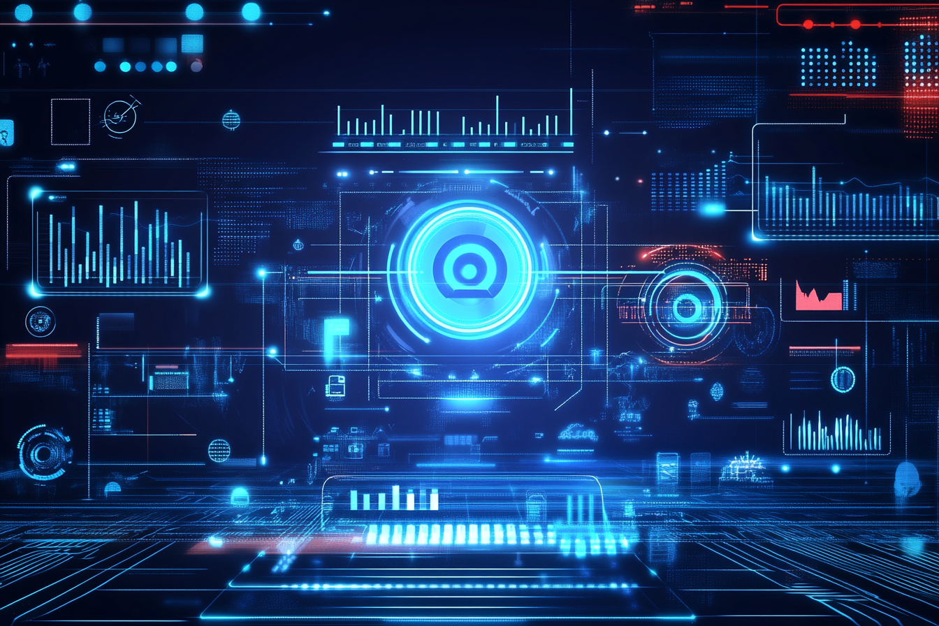 Eine futuristische Illustration zeigt die wachsende Bedeutung von Voice Search. In der Mitte steht ein stilisierter Sprachassistent, umgeben von wachsenden Diagrammen und Grafiken, die ein Nutzerwachstum um 27 % darstellen. Links sind Symbole für Content-Erstellung und SEO-Strategien, während rechts technologische Innovationen und Nachhaltigkeit angedeutet werden.