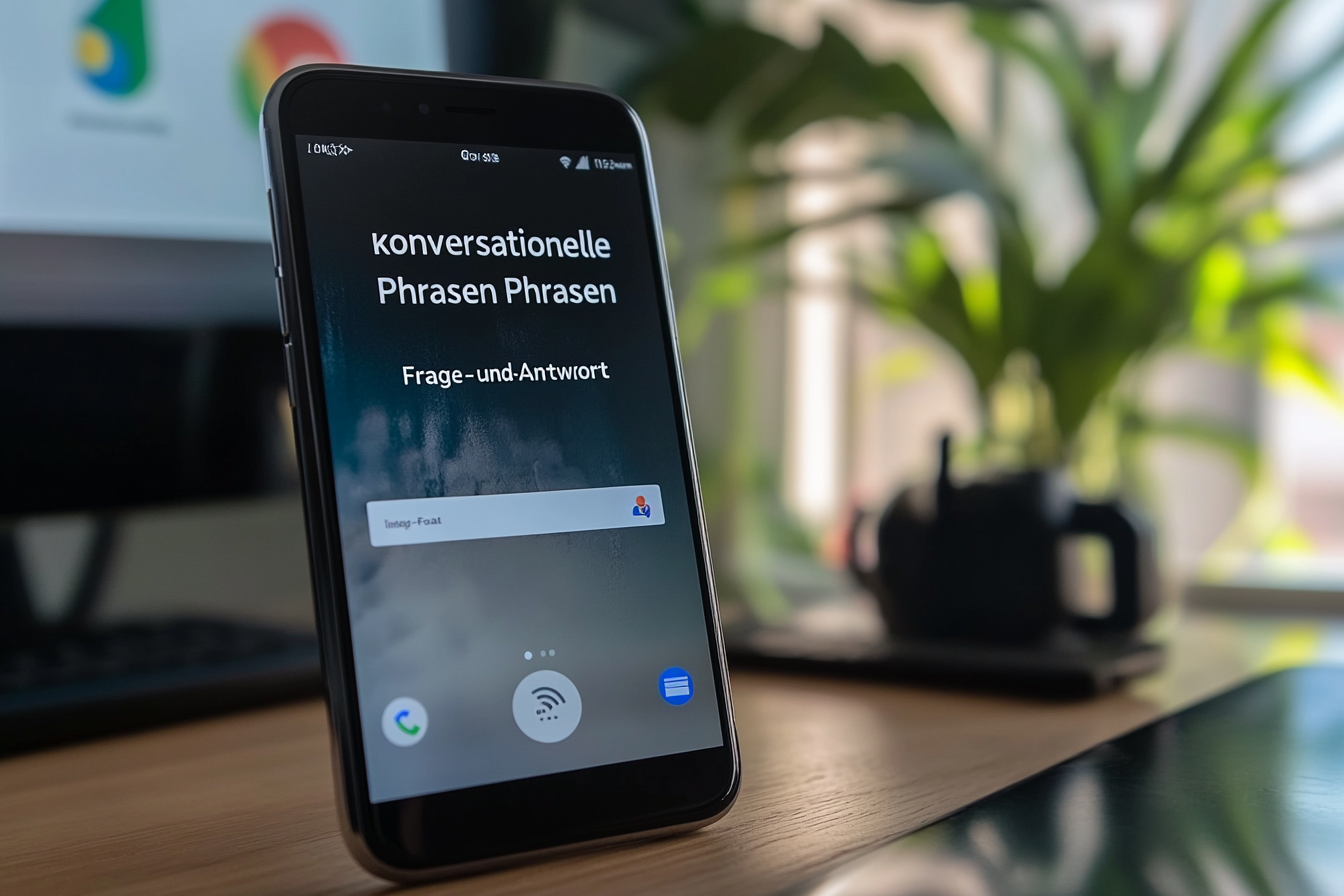 Ein informatives Bild zeigt Strategien zur Anpassung von SEO für Voice Search. Links wird ein Smartphone mit Sprachsuchanfragen dargestellt, während rechts die Schlüsselkonzepte wie „konversationelle Phrasen“ und „Frage-und-Antwort-Format“ hervorgehoben sind. Grafische Elemente verdeutlichen die Bedeutung von mobilem Design und schnellen Ladezeiten.