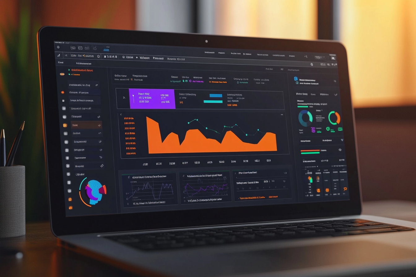 Ein grafisches Dashboard zeigt die kontinuierliche Überwachung lokaler SEO-Strategien. Diagramme und Kurven präsentieren Leistungskennzahlen aus Tools wie SEMrush und BrightLocal. Symbole für A/B-Tests und Nutzerfeedback verdeutlichen die Datenanalyse, während ein Comparativ-Feature die Wettbewerbsanalyse veranschaulicht.