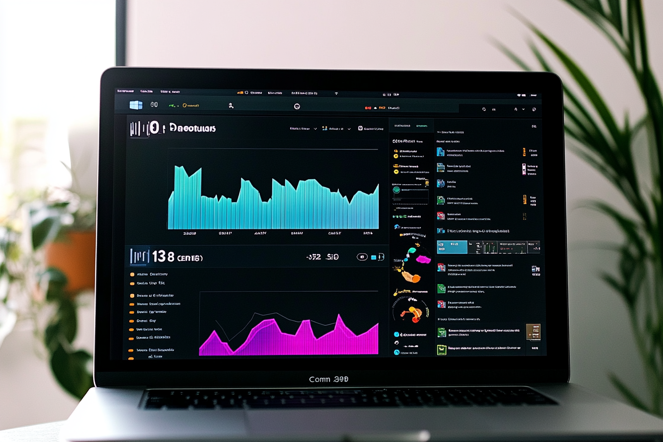 Ein ansprechendes Dashboard zeigt Daten zur SEO-Performance von Produktseiten. Graphen verdeutlichen organischen Traffic, Klickrate und Conversion-Rate. Nebenstehend sind Tools wie Google Analytics und SEMrush abgebildet. Symbole für Nutzerfeedback und Anpassungen unterstreichen die Bedeutung kontinuierlicher Optimierung und Aktualität für den Erfolg.