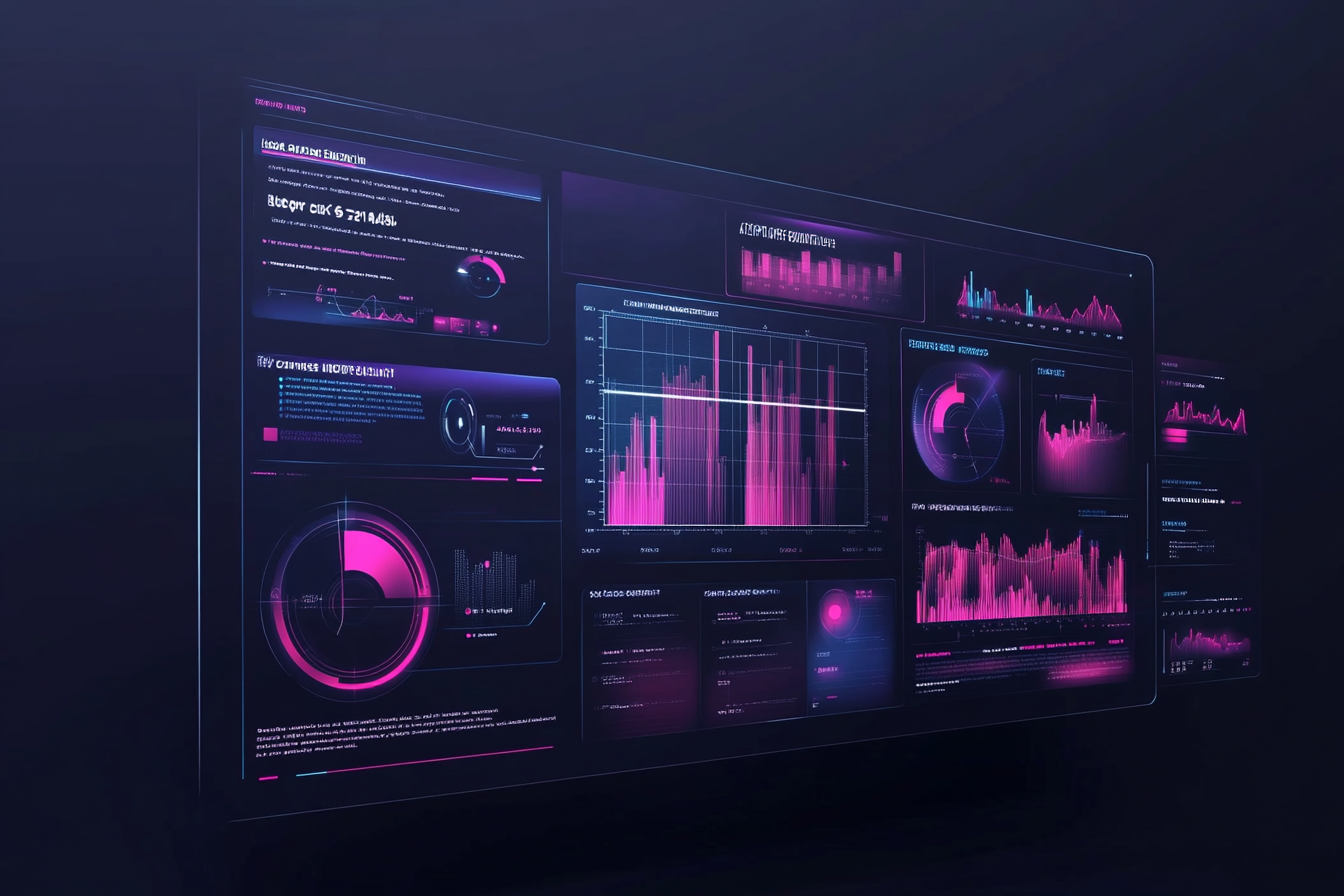 Ein Grafikdesign zeigt eine übersichtliche SEO-Datenanalyse mit verschiedenen Metriken. Diagramme visualisieren organische Sichtbarkeit, Keyword-Rankings und Traffic-Analysen. Statistiken zur Click-Through-Rate und Absprungrate sind prominent dargestellt. Neben einem Wettbewerbsanalyse-Bereich sind Icons für Nutzerinteraktionen und Keyword-Recherchen abgebildet, was die strategische Bedeutung dieser Daten unterstreicht.