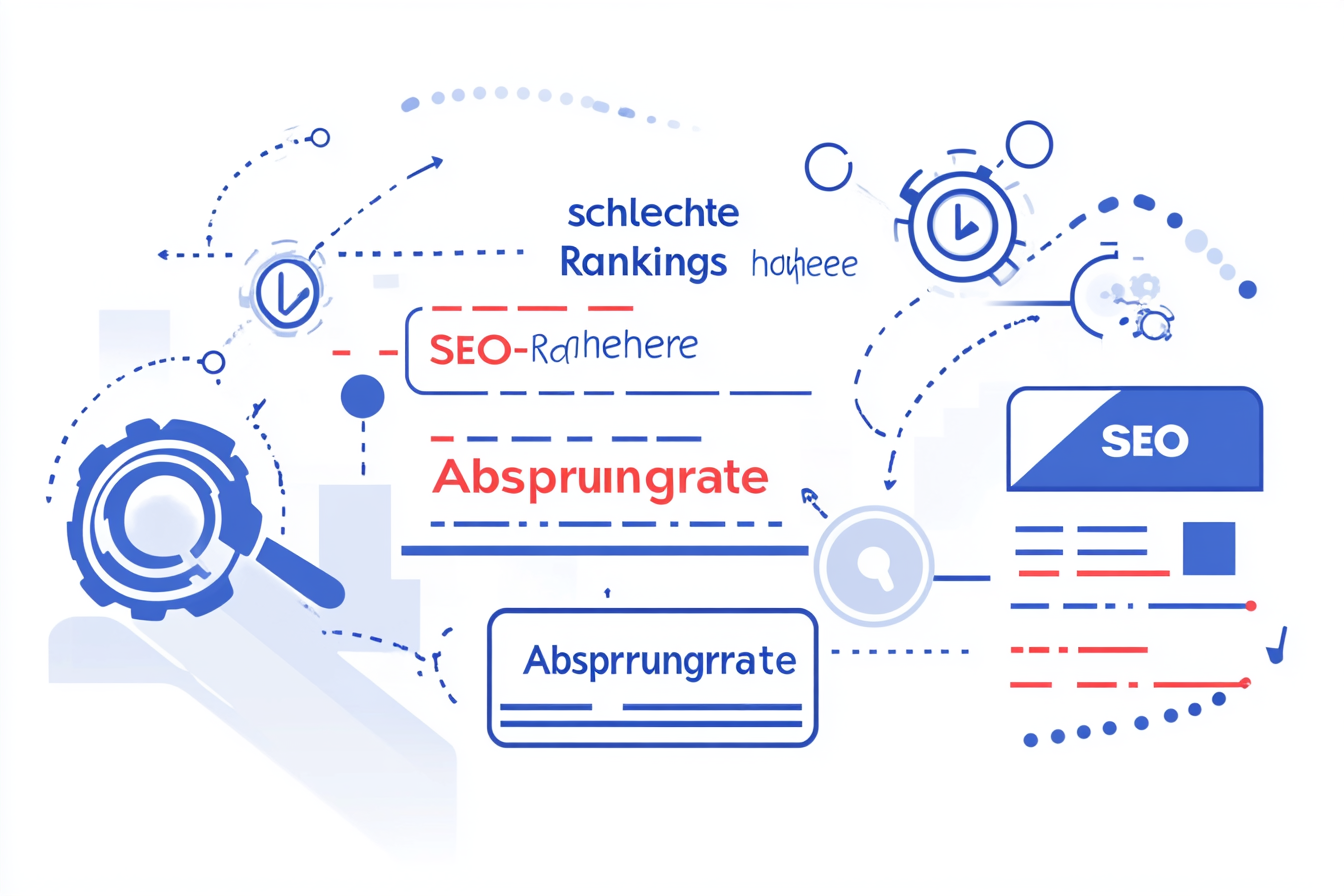 Ein Diagramm zeigt die Auswirkungen langsamer Ladezeiten auf Websites. Links sind negative Effekte wie „schlechte SEO-Rankings“ und „höhere Absprungrate“ dargestellt, während rechts Nutzererwartungen und Konversionsverluste illustriert werden. Icons für Google, Nutzer und Shopping verdeutlichen die zentrale Rolle schneller Ladezeiten für den Online-Erfolg.