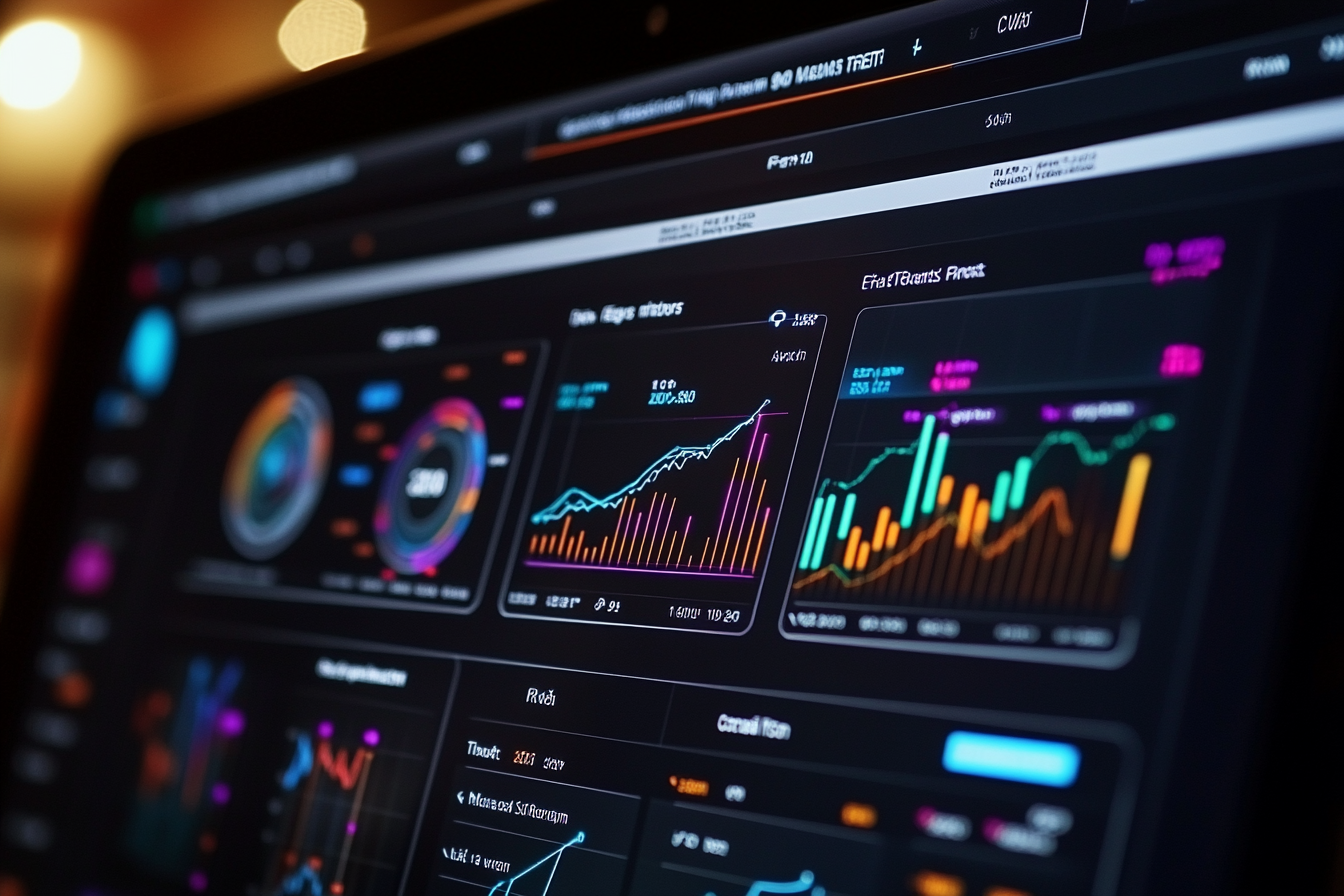 Ein Bildschirm zeigt ein SEO-Reporting-Dashboard mit Diagrammen und KPIs wie organischer Sichtbarkeit, Traffic und Keyword-Rankings. Eine Grafik veranschaulicht die Core Web Vitals: Ladegeschwindigkeit, Interaktivität und visuelle Stabilität. Zusätzlich sind Fortschrittsbalken und Annotationen zu Stärken und Schwächen der SEO-Strategie sichtbar.