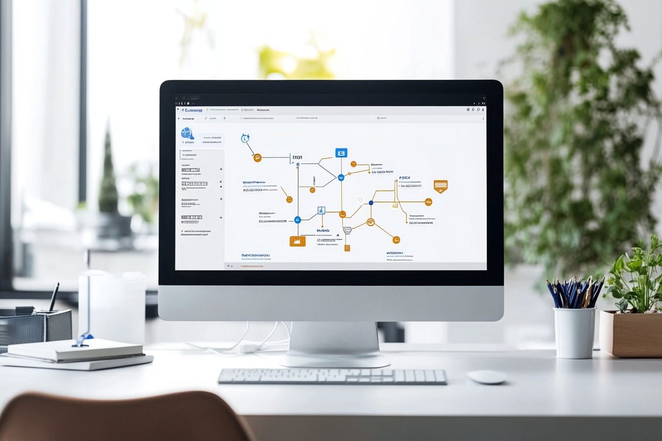 Ein grafisches Diagramm zeigt den Prozess der Überwachung und Analyse von Backlinks. In der Mitte ein Computerbildschirm mit Diagrammen von Tools wie Ahrefs und Majestic, die Rückmeldungen zu schädlichen Links geben. Links sind Symbole für schadhafte Backlinks abgebildet, während rechts die Schritte für Link-Audits verdeutlicht werden. Ein Pfeil zeigt auf optimierte SEO-Ergebnisse am unteren Bildschirmrand.