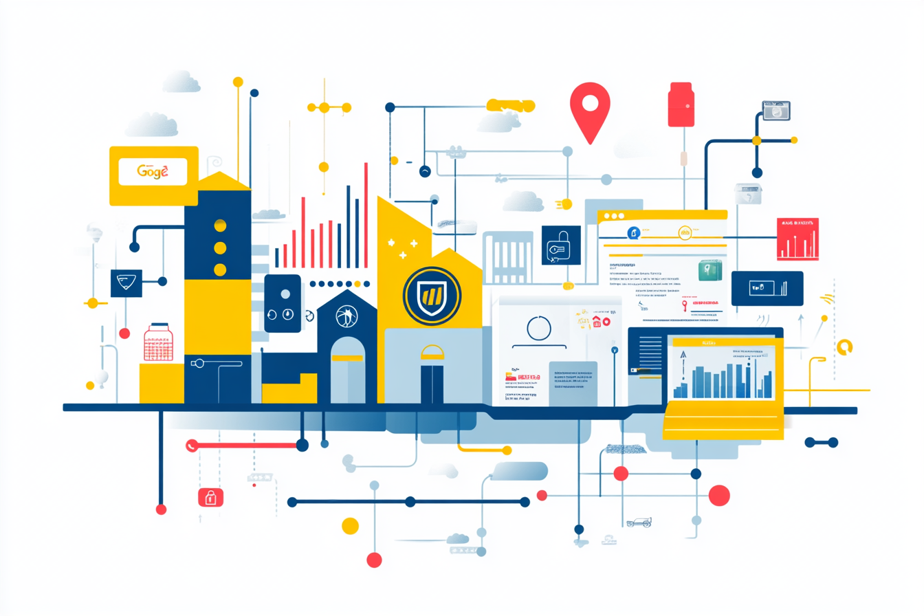 Ein grafisches Diagramm zeigt die Integration von Google My Business mit Google Ads. Auf der linken Seite ist das GMB-Logo, das wichtige Unternehmensdaten anzeigt. Rechts sind Google Ads-Anzeigen abgebildet, die diese Informationen nutzen. Pfeile verdeutlichen die Verbindung, während Statistiken die steigende Sichtbarkeit und Conversion-Rate darstellen. Icons von Kunden und Chatblasen symbolisieren die verbesserte Kommunikation und Benutzerfreundlichkeit.