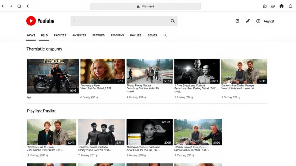 Bildschirmansicht einer YouTube-Oberfläche mit einer Playlist, die thematisch gruppierte Videos zeigt, inklusive ansprechenden Titeln und play-Buttons.