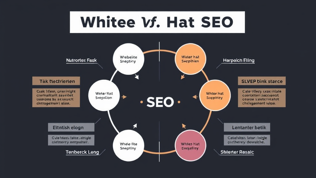 Diagramm, das die Unterschiede zwischen White Hat SEO und Black Hat SEO darstellt, mit Schwerpunkten auf Methoden, Ethik und langfristige Auswirkungen auf Websites.