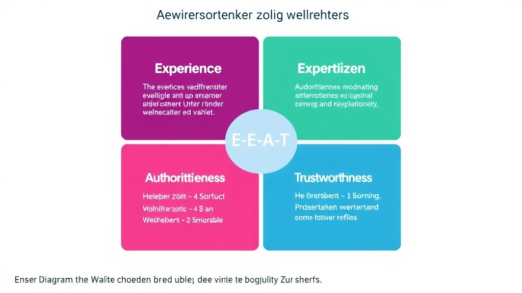 Grafik, die die vier Komponenten von E-E-A-T (Experience, Expertise, Authoritativeness, Trustworthiness) in einem Diagramm darstellt, um deren Einfluss auf die Webseitenqualität zu zeigen.