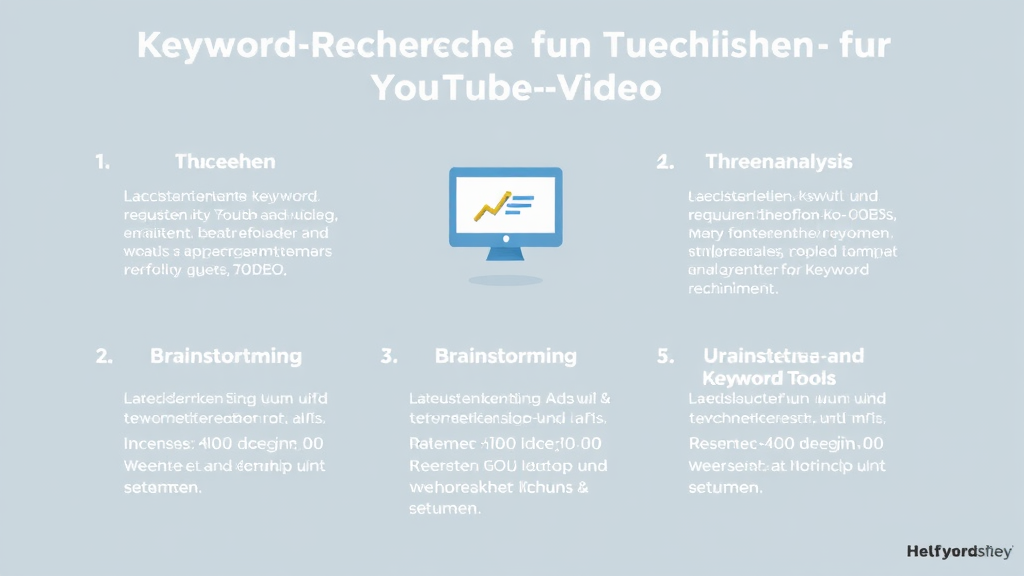 Grafik mit den Schritten zur Keyword-Recherche für YouTube-Videos, einschließlich Zielgruppenanalyse, Brainstorming und Nutzung von Keyword-Tools.