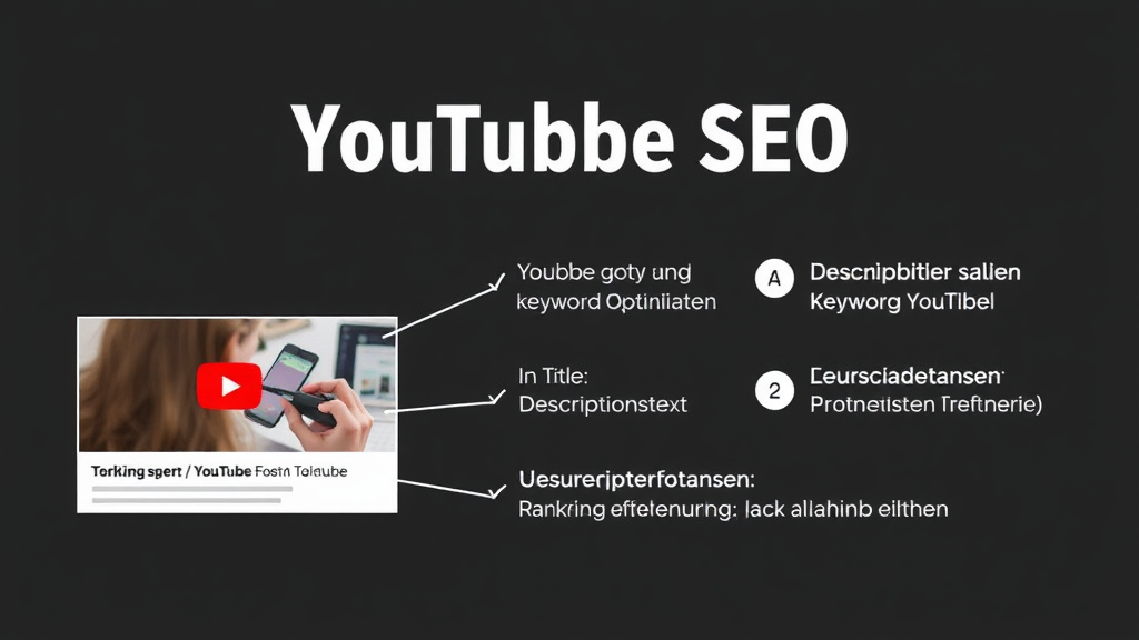 Grafik zur YouTube-SEO mit einem Video-Thumbnail, der Keyword-Optimierung im Titel, Beschreibungstext und Nutzerinteraktionen, die das Ranking verbessern.