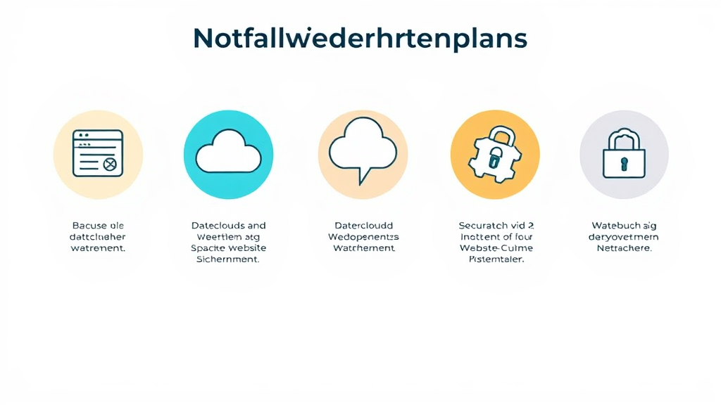 Illustration eines Notfallwiederherstellungsplans mit Symbolen für Backups, Datenclouds und Sicherheitsmaßnahmen, die die Website-Sicherheit betonen.