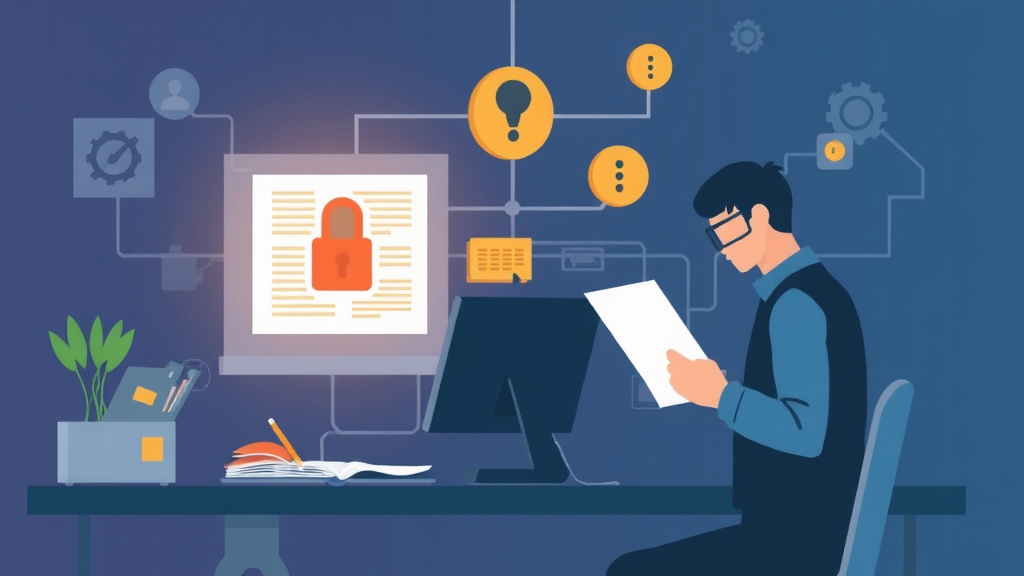 Illustration eines Sicherheitsaudits und Penetrationstests: Sicherheitsexperten analysieren Netzwerke, identifizieren Schwachstellen und erstellen Berichte.