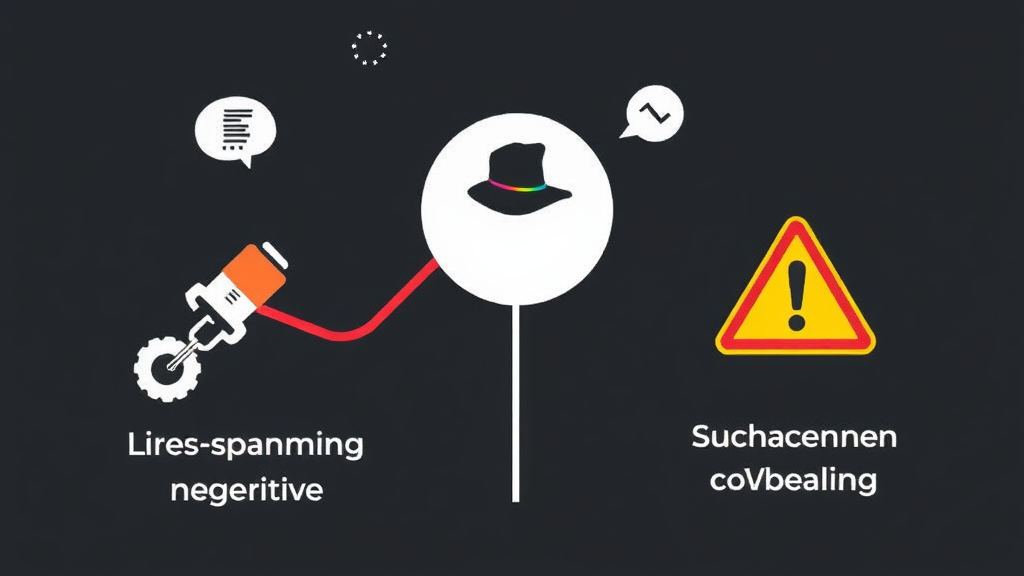 Illustration von Black Hat SEO-Techniken wie Link-Spamming und Keyword-Stuffing, die mit negativen Konsequenzen wie einer fallenden Ranking-Kurve und einer warnenden Suchmaschinen-Flagge kombiniert sind.