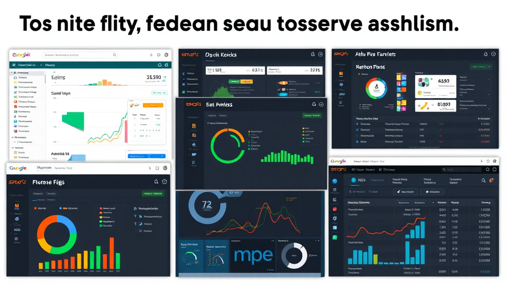 Collage aus Screenshots der Top-SEO-Analyse-Tools wie Seobility, Screaming Frog, SEMrush, Ahrefs und Moz Pro mit Diagrammen und Statistiken zur Website-Leistung.