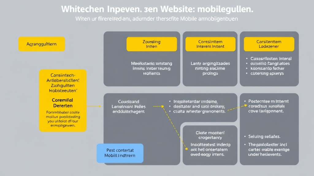 Diagramm einer Website auf Mobilgeräten, das die wichtigsten Anforderungen und Fehlerquellen für Mobile-First Indexing visuell darstellt, einschließlich Zugänglichkeit, konsistentem Inhalt und Ladezeiten.
