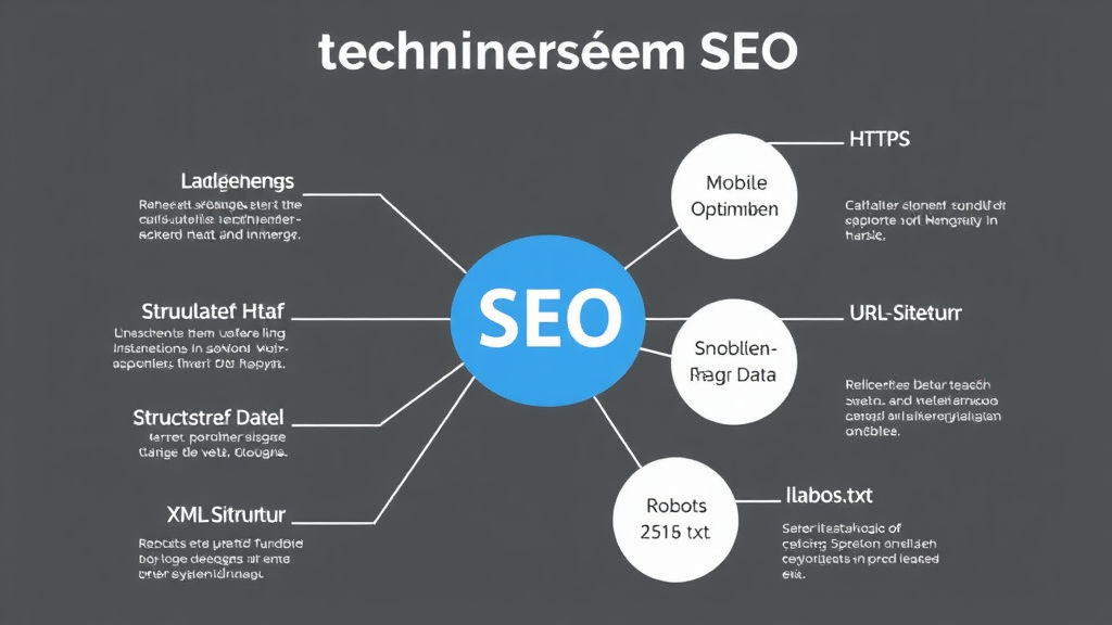 Diagramm oder Infografik zu technischem SEO, die Punkte wie Ladezeiten, mobile Optimierung, HTTPS, strukturierte Daten, URL-Struktur, XML-Sitemap und Robots.txt visuell darstellt.