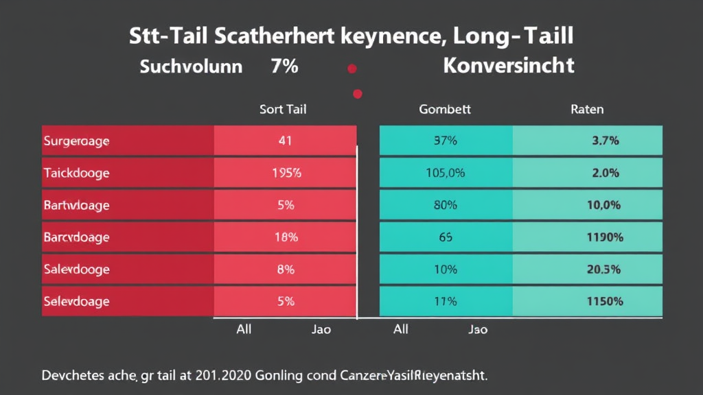 Grafik, die die Unterschiede zwischen Short-Tail- und Long-Tail-Keywords in Bezug auf Suchvolumen, Wettbewerb und Konversionsraten anschaulich darstellt.