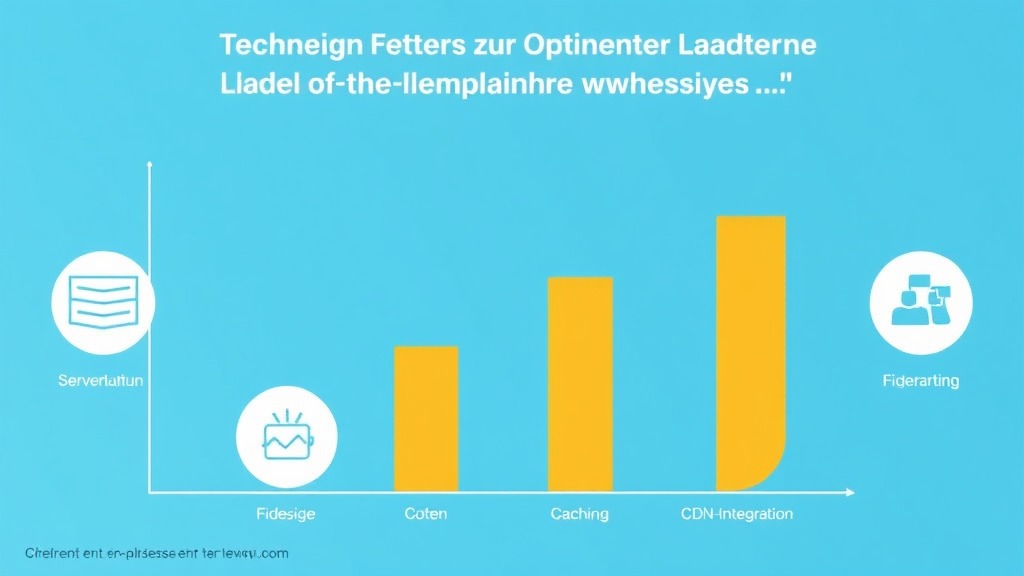 Grafik, die technische Faktoren zur Optimierung der Ladezeit einer Webseite zeigt, darunter Serverleistung, Dateigröße, Caching und CDN-Integration.