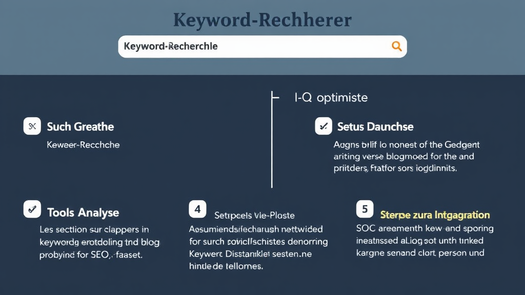 Grafik einer Keyword-Recherche, die Suchbegriffe, Tools zur Analyse und Schritte zur Integration in Blog-Posts veranschaulicht, um SEO zu optimieren.