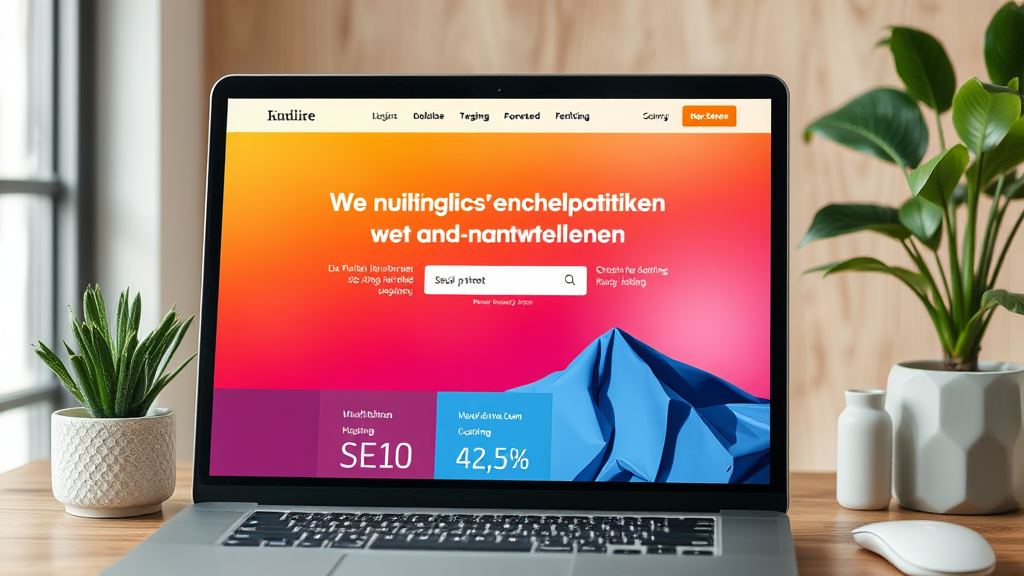 Grafik eines Computers mit einer Website, die nachhaltige SEO-Praktiken zeigt: umweltfreundliches Hosting, schnelle Ladezeiten und hochwertige Inhalte.
