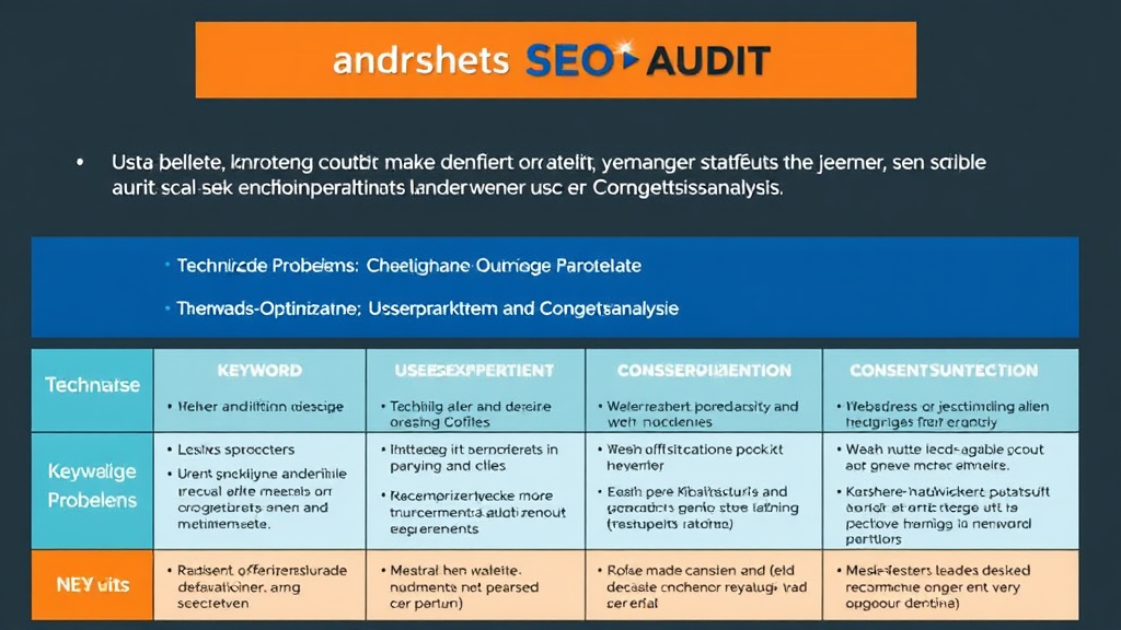 Grafik eines SEO-Audits, die einen Überblick über technische Probleme, Keyword-Optimierung, Benutzererfahrung und Wettbewerbsanalyse bietet.