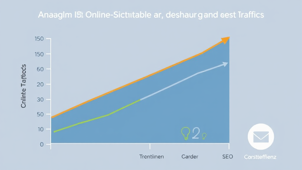 Grafik mit Diagramm, das den Anstieg der Online-Sichtbarkeit und des Traffics durch SEO-Maßnahmen zeigt, begleitet von Symbolen für Vertrauen und Kosteneffizienz.
