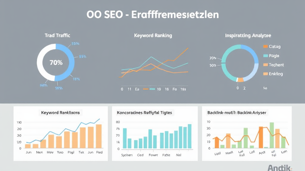 Grafik mit Diagrammen zur SEO-Erfolgsmessung, die organischen Traffic, Keyword-Rankings, Konversionsraten und Backlink-Analysen darstellt.