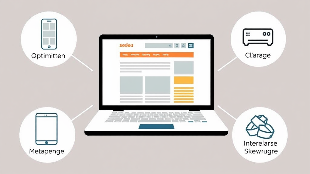 Grafik mit einem Laptop, der eine Website zeigt, umgeben von Symbolen für mobile Optimierung, Ladegeschwindigkeit, Meta-Tags, interne Verlinkungen und klare Sprache.
