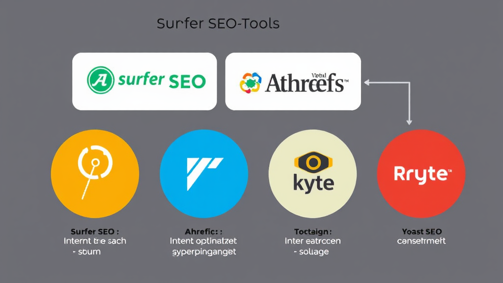 Grafik von verschiedenen SEO-Tools wie Surfer SEO, Ahrefs, Yoast SEO und Ryte, die ihre Funktionen zur Inhaltsoptimierung und Verbesserung der Sichtbarkeit in Suchmaschinen darstellen.