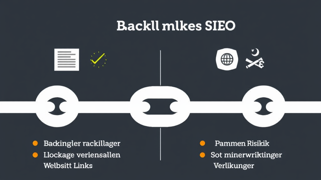 Grafik zur Darstellung von Backlinks im SEO mit hervorgehobenen Links von hochwertigen, vertrauenswürdigen Websites und möglichen Risiken minderwertiger Verlinkungen.