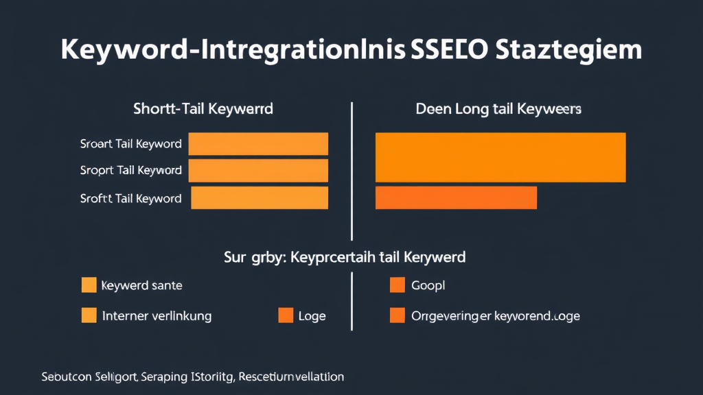 Grafik zur Keyword-Integration in SEO-Strategien, die Short-Tail- und Long-Tail-Keywords in Inhalten, Metadaten und interner Verlinkung zeigt.