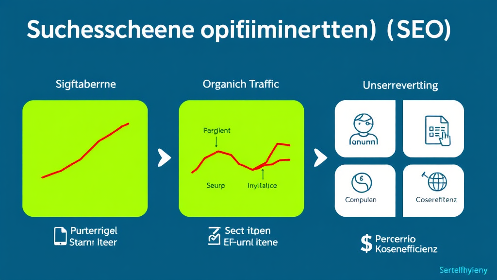 Grafik zur Suchmaschinenoptimierung (SEO) mit Diagrammen, die Sichtbarkeit, organischen Traffic und Nutzererfahrung darstellen, sowie Icons für Vertrauen und Kosteneffizienz.