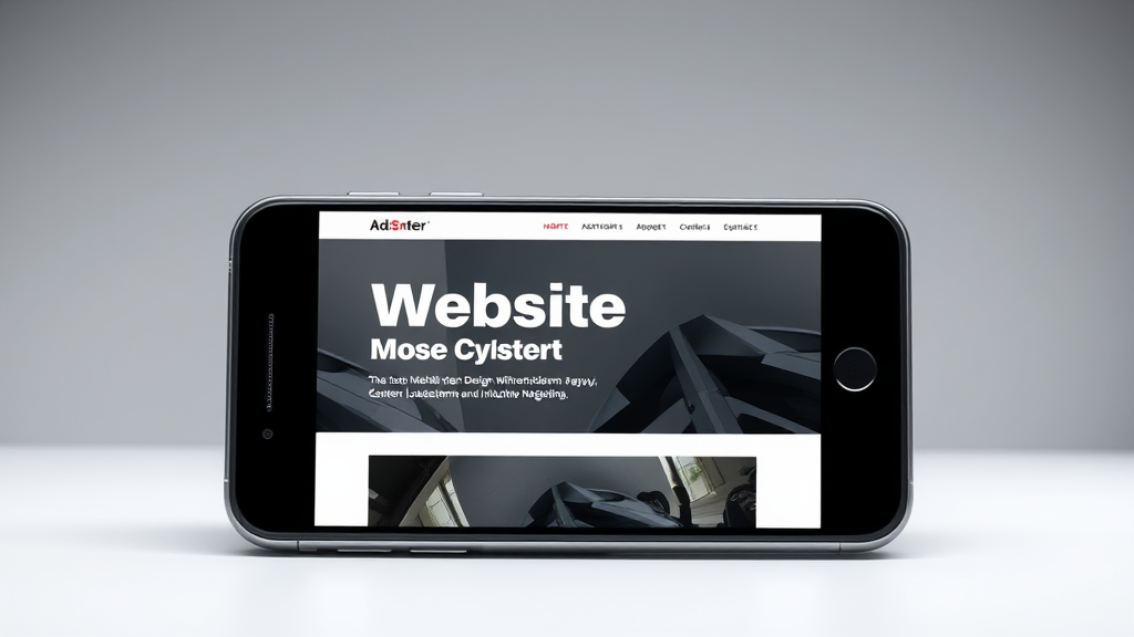Grafische Darstellung einer Website im mobilen Design auf einem Smartphone, mit betontem responsivem Layout, schneller Ladezeit und intuitiver Navigation.