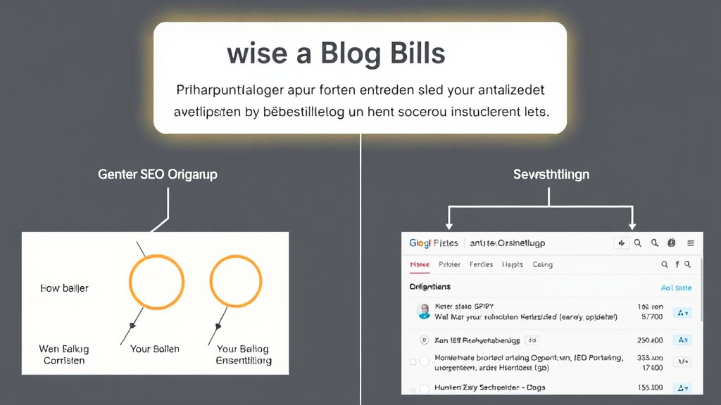 Grafische Darstellung eines Blogs mit hervorgehobenen aktualisierten Inhalten, Diagrammen zur SEO-Verbesserung und organischen Suchergebnissen auf einer Suchmaschinen-Seite.