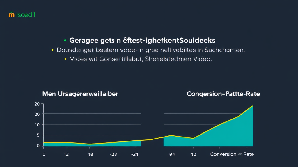 Illustration einer Webseite mit eingebettetem Video, die erhöhte Sichtbarkeit in Suchmaschinen zeigt, sowie eine Grafik zur Nutzerverweildauer und Conversion-Rate.