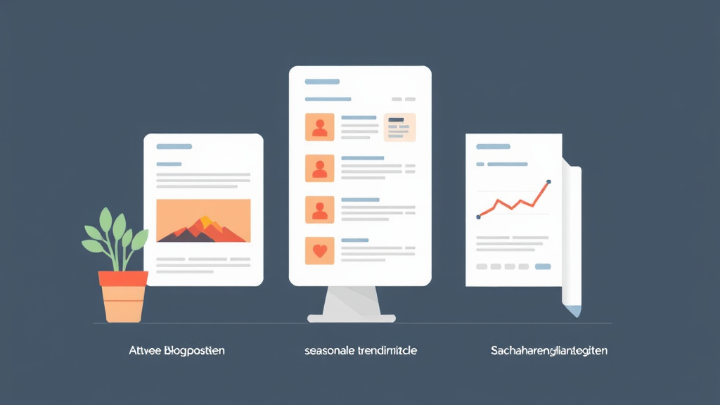 Illustration eines Blogs mit aktualisierten Inhalten, die neue Blogposts und saisonale Trends zeigen, sowie eine Grafik zur Verbesserung der Suchmaschinenplatzierung.