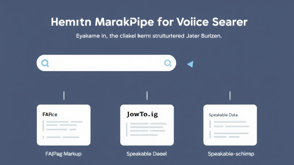 Illustration von Schema Markup-Anwendungen für Voice Search, mit Beispielen für FAQPage, HowTo und Speakable-Schema, die klare strukturierte Daten darstellen.